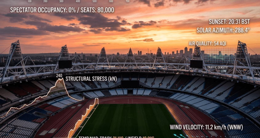Empty stadium at sunset with overlaid environmental and structural analysis data