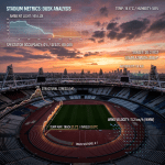 Empty stadium at sunset with overlaid environmental and structural analysis data
